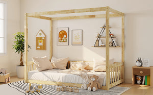 English Elm Twin Canopy Floor Bed Rubberwood Frame with Fence Guardrails for Kids Bedroom Natural W504P351804