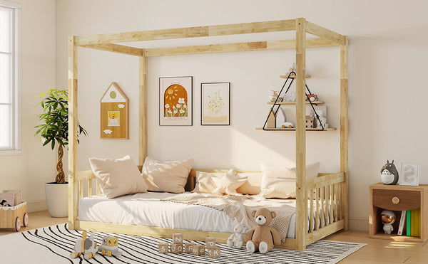 English Elm Twin Canopy Floor Bed Rubberwood Frame with Fence Guardrails for Kids Bedroom Natural W504P351804