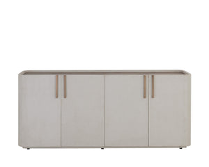 Sunpan Jamille Contemporary Sideboard - Cream Faux Leather, Warm Brass Base, Oak Veneer Top & Soft Close Doors