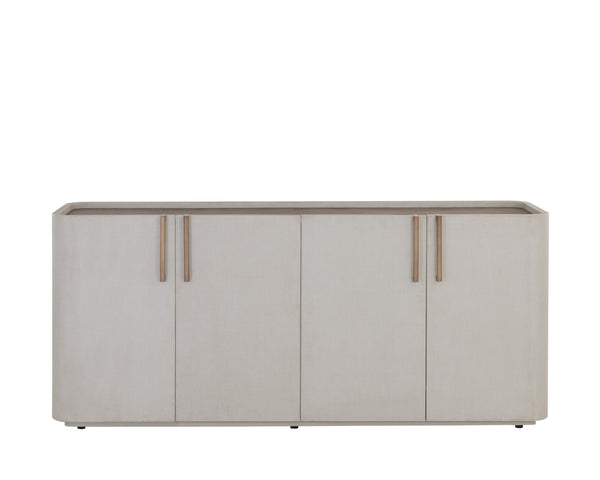 Sunpan Jamille Contemporary Sideboard - Cream Faux Leather, Warm Brass Base, Oak Veneer Top & Soft Close Doors