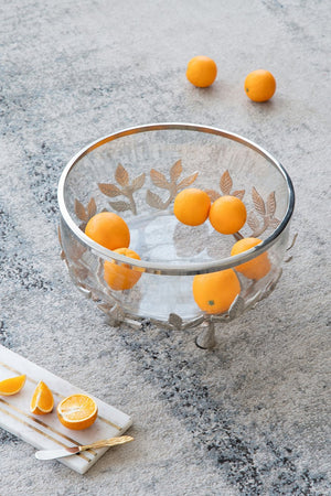 English Elm 13.4x13.4x8.7" Silver Glass Bowl with Floral Cast Aluminum Legs for Elegant Display W2078P490405