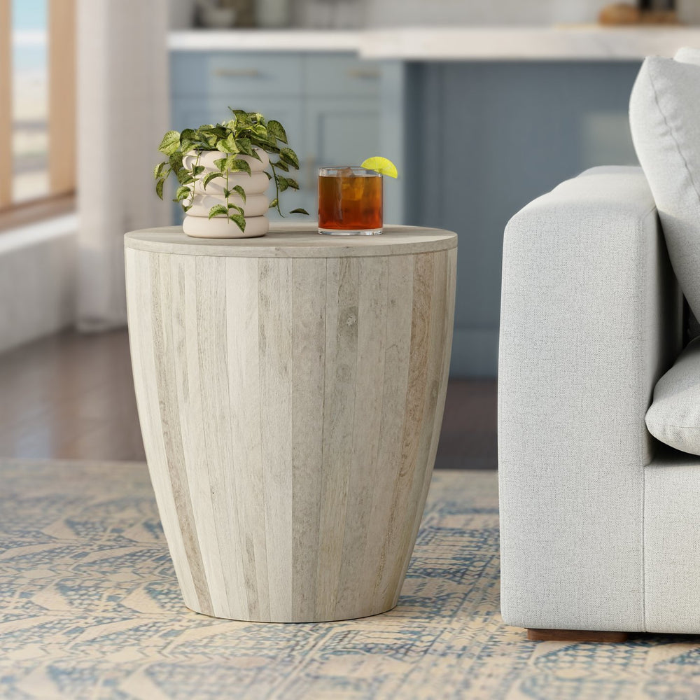 English Elm Elmbrook Solid Mango Wood Drum Side Table Whitewash Finish Vertical Panel Detail B136P419860