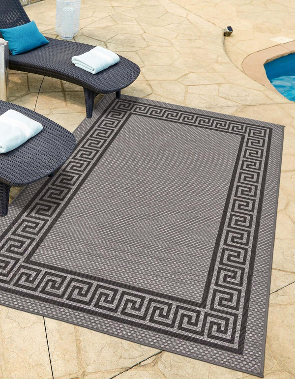 Unique Loom Outdoor Border Greek Key Machine Made Geometric Rug Gray, Black/Gray/Silver 8' 0" x 11' 4"