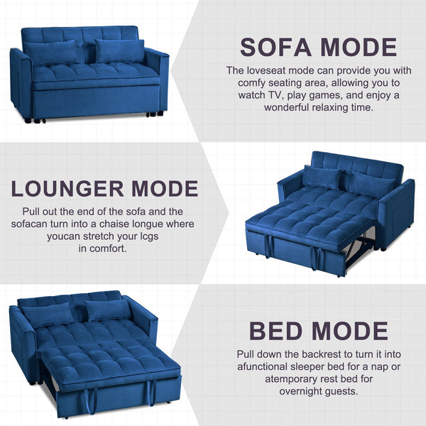 English Elm 3 in 1 Convertible Sleeper Sofa Bed Velvet Loveseat Futon with Pull-Out Bed, Pockets, Adjustable Back W2121P218083