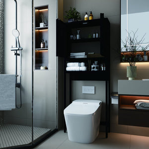 English Elm Toilet Side Bamboo Tower with Louvered Doors Open Shelf Freestanding Bathroom Organizer W2207P334026