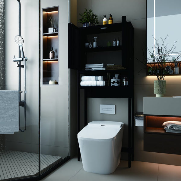 English Elm Toilet Side Bamboo Tower with Louvered Doors Open Shelf Freestanding Bathroom Organizer W2207P334026
