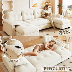 English Elm 104.7" U-Shaped Sleeper Sofa with Pull-Out Bed, Convertible Modular Sectional with Chaise, USB Ports, Chenille Upholstery Beige+White W1885S00211