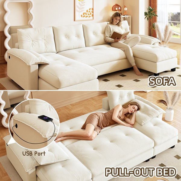 English Elm 104.7" U-Shaped Sleeper Sofa with Pull-Out Bed, Convertible Modular Sectional with Chaise, USB Ports, Chenille Upholstery Beige+White W1885S00211