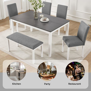 English Elm 6 Piece Rubberwood Dining Set with Bench and Linen Chairs for Transitional Kitchen W1998S00098