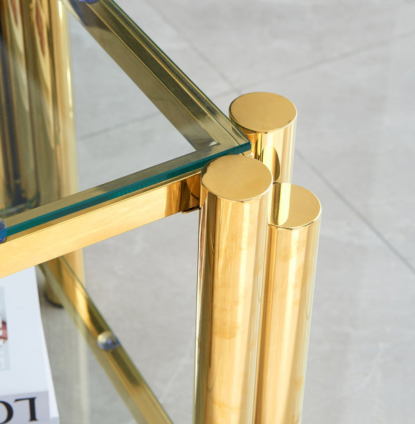 English Elm 20 Inch Square End Table - Modern Gold Stainless Steel & Glass Side Table With Double-Layer Storage W2978S00006