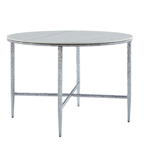 English Elm Sintered Stone Square Dining Table with Hand Hammered Iron X Base Artisan Craft Forged Pewter N771P400389Y