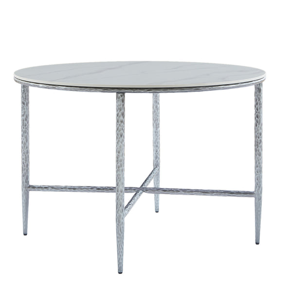 English Elm Sintered Stone Square Dining Table with Hand Hammered Iron X Base Artisan Craft Forged Pewter N771P400389Y