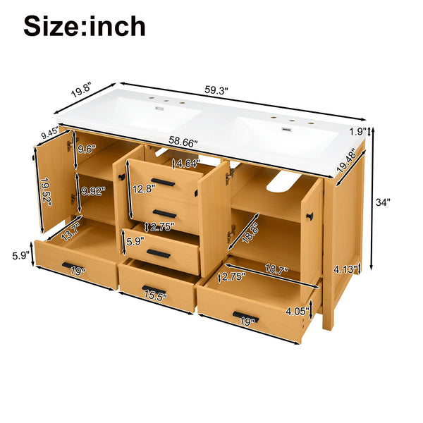 English Elm [video]59.3 Inch Wall Mounted Double Sink Vanity Wood Grain Mdf Soft Close Storage N729P000013O