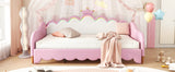 English Elm Twin Extending Daybed With Led Lights, Modern Upholstered Princess Daybed With Crown Headboard,Pink