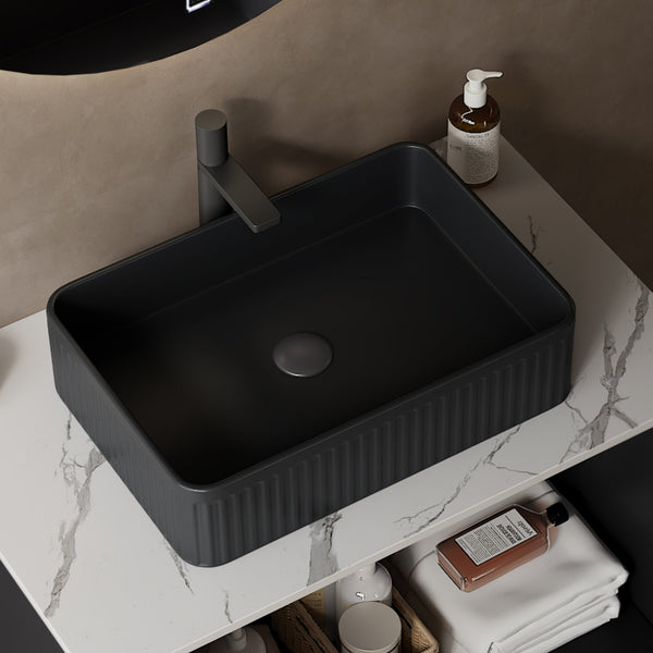 English Elm 20'' Ceramic Vessel Sink 20'' Rectangular Striped Basin Glossy French-Style Rim Durable Easy-Clean Black W2615P193352