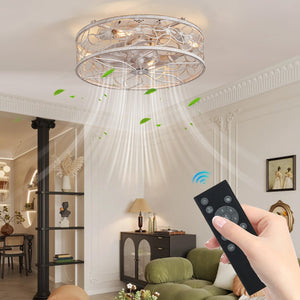 English Elm 18-inch Vintage Caged Ceiling Fan Light with Remote Control, Quiet DC Motor, Industrial Iron Design White W2312P374991