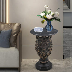 English Elm Horse Head Sculpted Resin End Table with Faux Marble Top for Bold Living Rooms W5398P454681