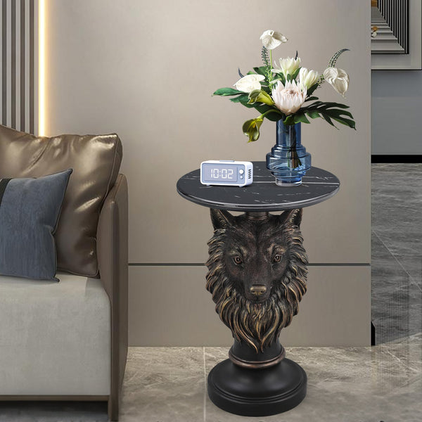 English Elm Horse Head Sculpted Resin End Table with Faux Marble Top for Bold Living Rooms W5398P454681