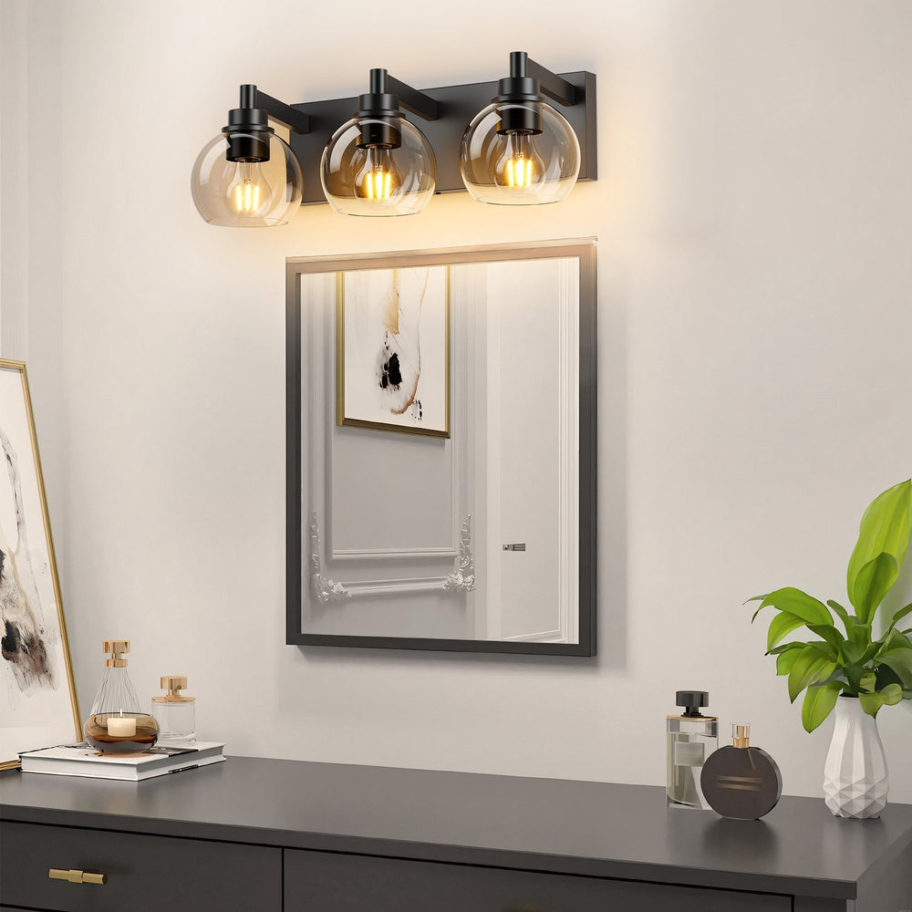 English Elm Bathroom Vanity Light - Modern 3-Light Fixture With Clear Glass Shades & Matte Black Metal Base W1340P353039