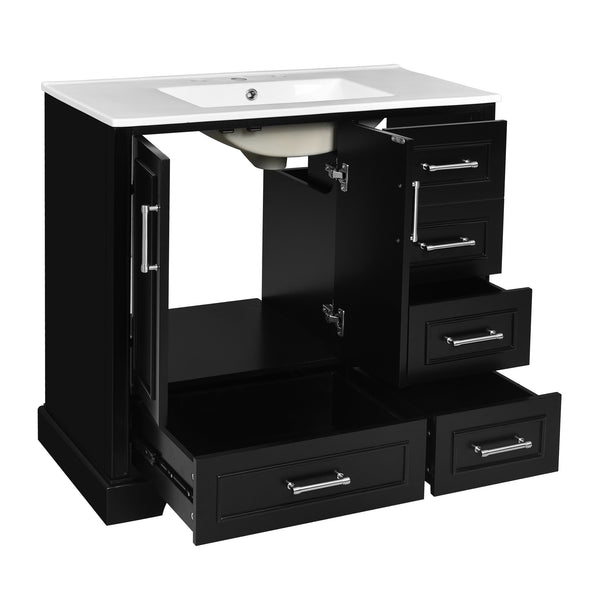 English Elm 36" Traditional Bathroom Vanity with Ceramic Sink, Solid Wood Cabinet, Soft-Close Doors & Drawers Black N729P251630B