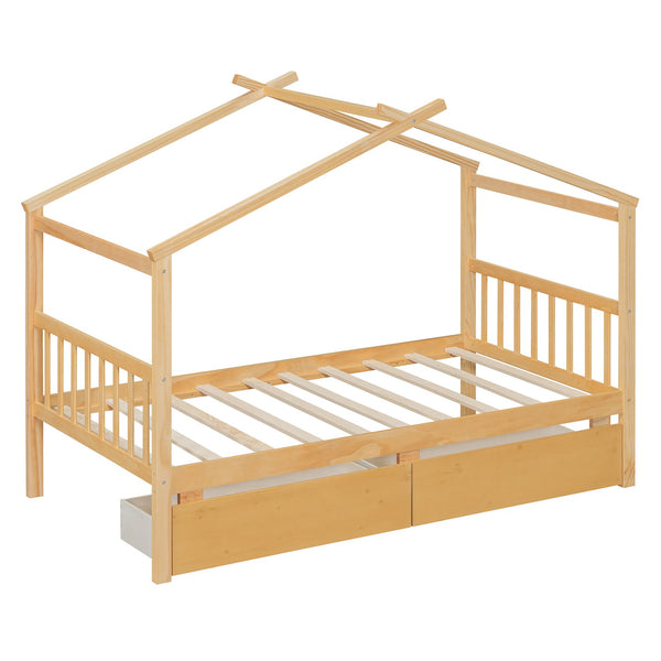 English Elm Twin House Bed Solid Pine Kids Cottage Frame with Storage Drawers Imaginative Room N708P309245M