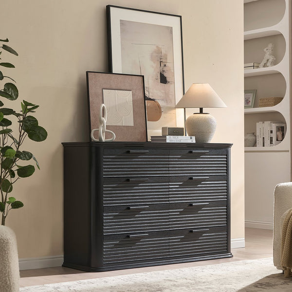 English Elm Fluted Wave Panel 7 Drawer Mdf Dresser Modern Bedroom Storage with Tv Stand Top Black Woodgrain T5326P425098