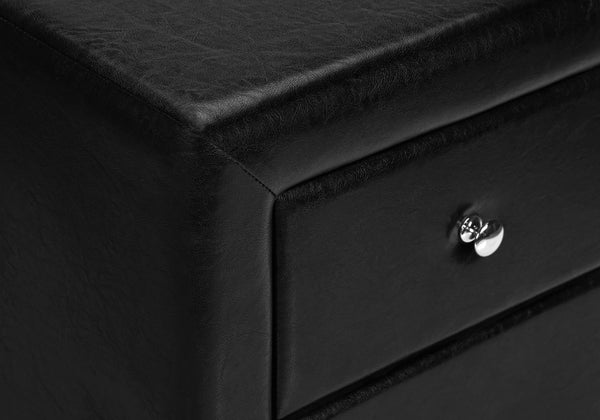 English Elm Nightstand, Upholstered Leather-Look Accent Table with Two Drawers, Chrome Knob, No Assembly Required Black 22 L x 17 W x 22 H B2710P219502