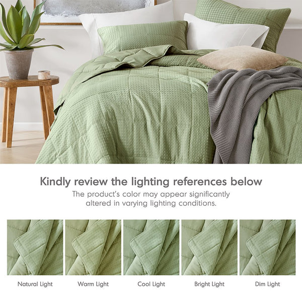 JLA Home Comfort Spaces - Waffle Premium Quilt Set with Airy Waffle-Weave Texture, Breathable Year-Round Comfort & Durable Design Green AM14-0368