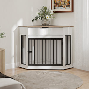 English Elm 44.6'' Corner Mdf Dog Kennel Cabinet with Fluted Drawer End Table for Modern Living White W5216P415904