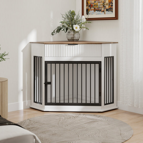 English Elm 44.6'' Corner Mdf Dog Kennel Cabinet with Fluted Drawer End Table for Modern Living White W5216P415904