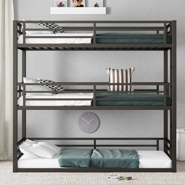 English Elm Twin Metal Triple Bunk Bed With Safety Guardrails - Heavy-Duty, Noise-Reduced Design In Black Finish P1 W1580S00142-GIGA