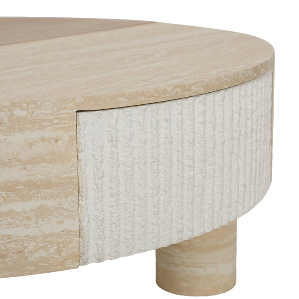 English Elm Round Fluted Coffee Table with Flip Top Hidden Storage Drawers for Small Living Rooms W3040P428644