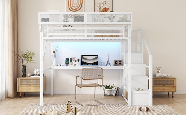 English Elm Full Loft Bed with Desk and Charging Station, Metal Loft with Stairs, Wardrobe, Shelves & Light White W2580S00046