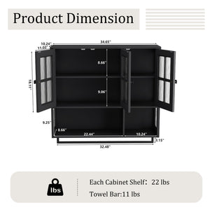 English Elm Bathroom Wall Cabinet with 3 Doors and Glass Panel, MDF Storage Cabinet with Towel Bar, Modern 35.6"L x 10.2"W x 32.5"H Black W757P329724