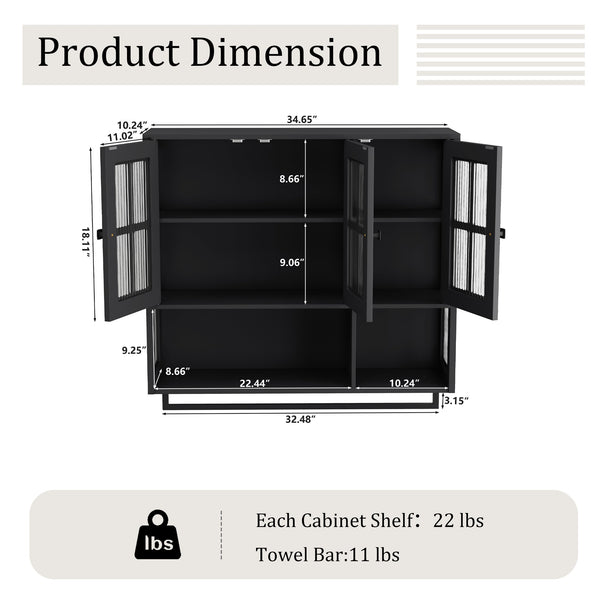 English Elm Bathroom Wall Cabinet with 3 Doors and Glass Panel, MDF Storage Cabinet with Towel Bar, Modern 35.6"L x 10.2"W x 32.5"H Black W757P329724