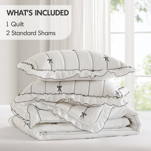 English Elm 3-piece Reversible Microfiber Quilt Set Bow Embroidery Ruffled Trim Romantic Bedroom White+Black B035P482885