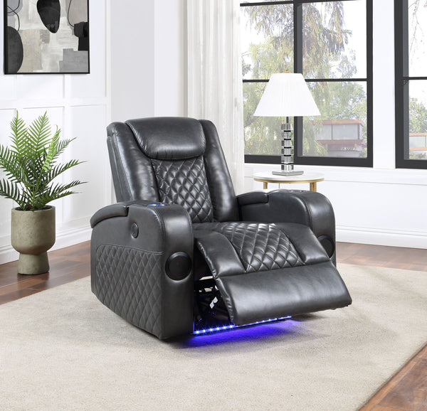 English Elm Dark Grey Power Recliner with LED Light, Bluetooth Speakers, Cooling Cup Holder & Wireless Charger - Modern Leather Aire Comfort and Tech Hub B062P215429