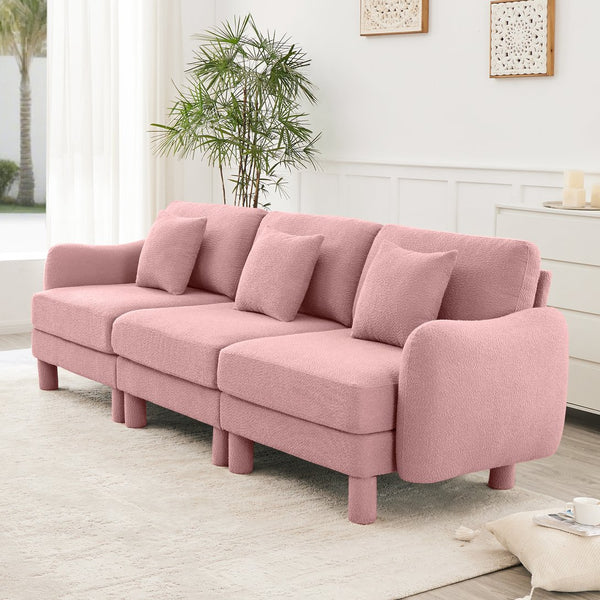 English Elm Boucle 3-Seater Sofa Couch - Elegant Shell-Shaped Armrests, Plush Comfort, Chic Pink Design For Living Spaces W3041S00292