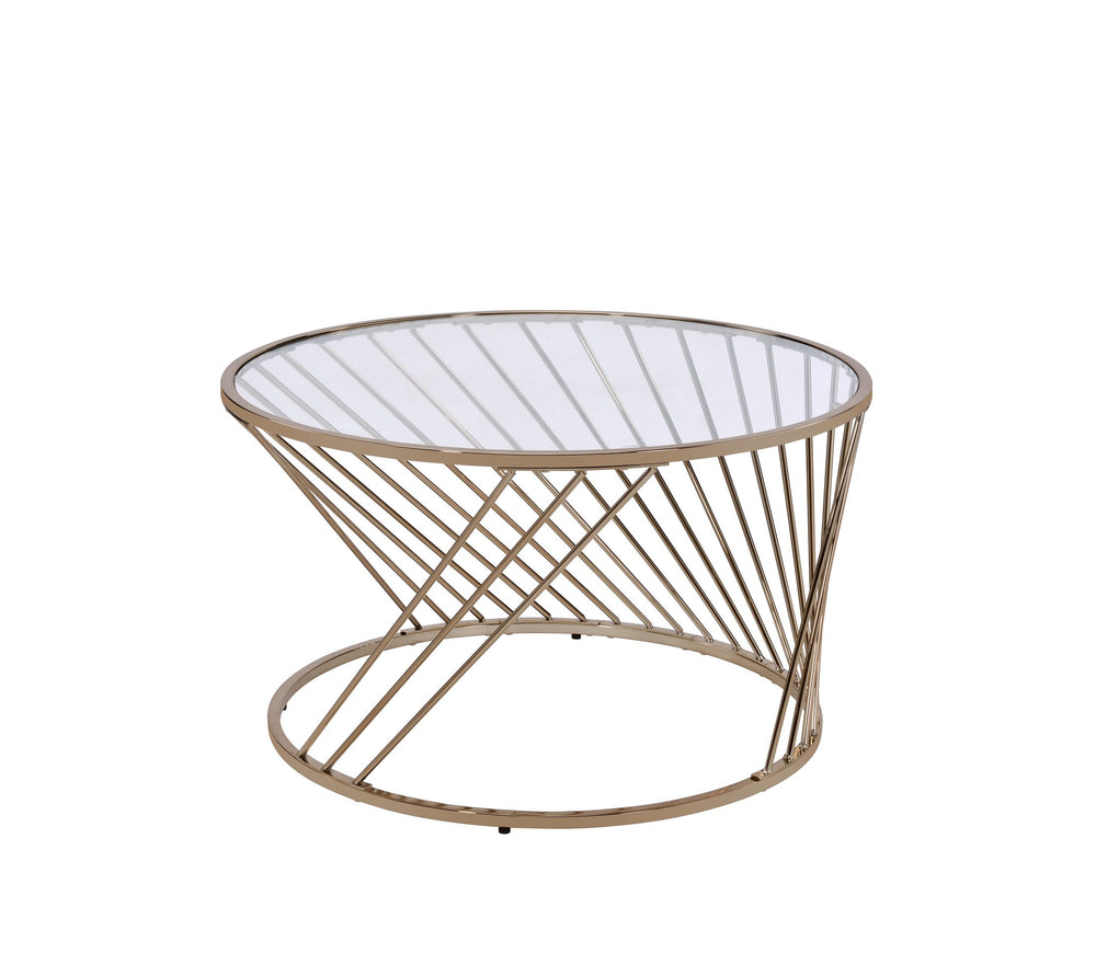 English Elm Bluelipe Champagne Finish Coffee Table with Clear Glass Top, Round Metal Drum Base, Modern Elegance B2726P244381