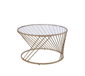 English Elm Bluelipe Champagne Finish Coffee Table with Clear Glass Top, Round Metal Drum Base, Modern Elegance B2726P244381