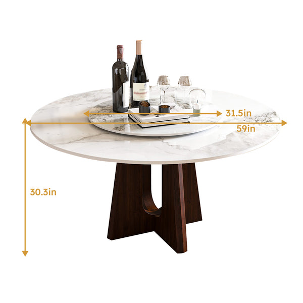 English Elm Modern Round Dining Table - 59" Sintered Stone With Walnut Base & Lazy Susan For 6-8 People W2700S00004
