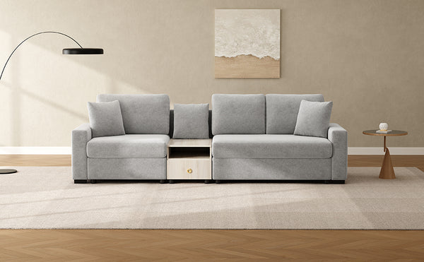 English Elm Modern Chenille Three Seat Sofa with Console Storage Armrest for Living Room Grey N763S000060E