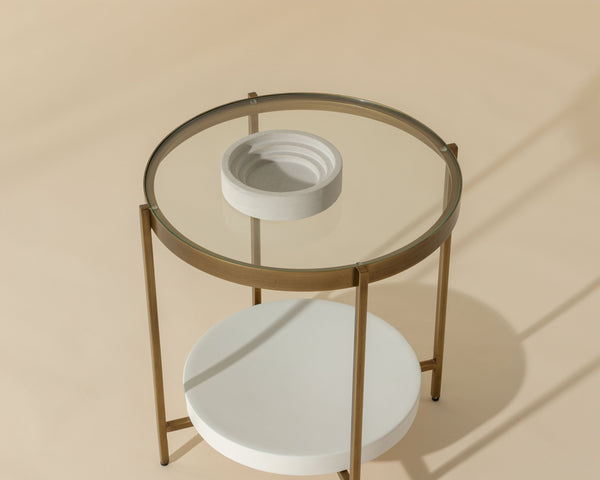 Sunpan Gia Side Table - Elegant Round Glass Top with Unique Concrete Shelf & Antique Brass Frame, 23.75"H