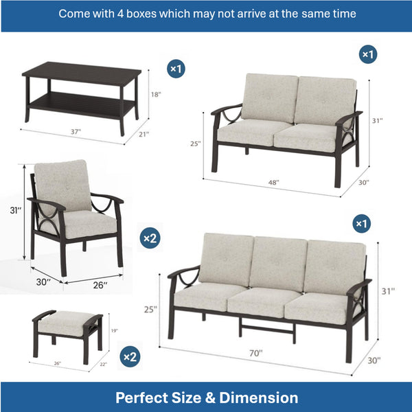 English Elm 7-piece Outdoor Sectional Set Steel Frame 9 Seat Patio Conversation with Cushioned Ottomans Beige B082S00119