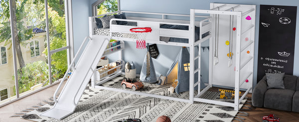 English Elm Twin Metal Loft Bed with Slide Basketball Hoop Climbing Wall and Built-in Shelves White W1580S00633