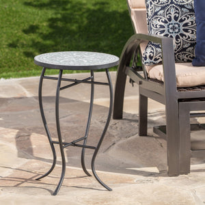 English Elm Outdoor Mosaic Ceramic Tile Round Side Table with Curved Wrought Iron Patio Accent Grey+Black N773P365597G