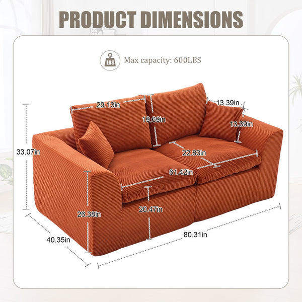 English Elm UNITED Cloud Couch Modular Sectional Sofa with Corduroy Cover, Ergonomic 2-Seater, No Assembly Needed Orange W1568P371118