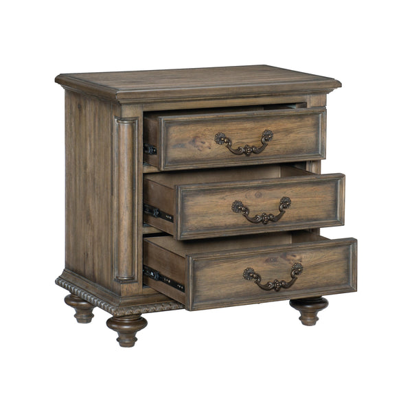 English Elm Traditional Rachelle Nightstand with 3 Drawers Weathered Pecan Finish Turned Feet Metal Drop Hardware Brown Mix 31 L x 20.25 W x 30 H B011P186802