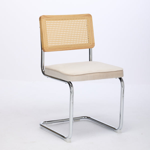 English Elm Mid Velvet Rattan Dining Chair Set of 2 — Breathable Handwoven Back, Plush Velvet, Reinforced Steel Frame Beige W1143P168322