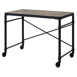 English Elm Rustic Industrial Writing Desk with Wheels, Nailhead Trim, Rustic Oak Top & Black Metal Frame, 47.5" wide B062P184534